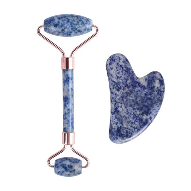 Natural Stone Blue White Gua Sha Jade Roller Set