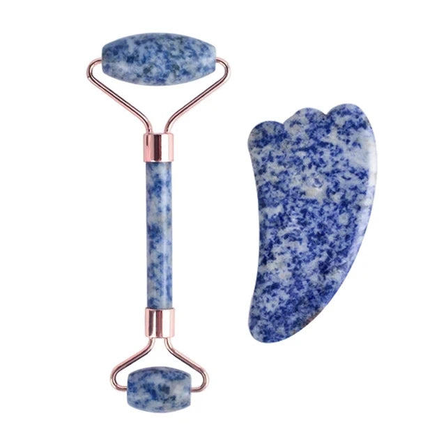 Natural Stone Blue White Gua Sha Jade Roller Set
