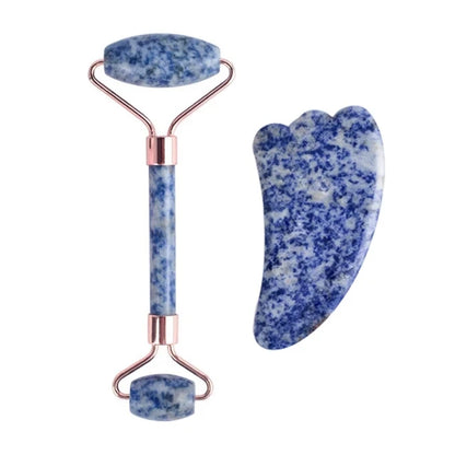 Natural Stone Blue White Gua Sha Jade Roller Set