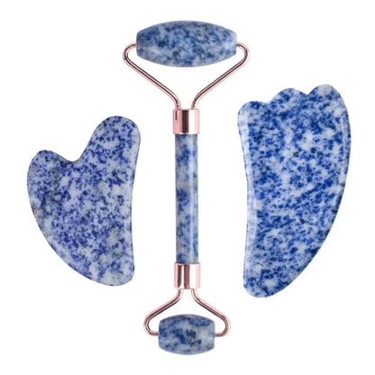 Natural Stone Blue White Gua Sha Jade Roller Set