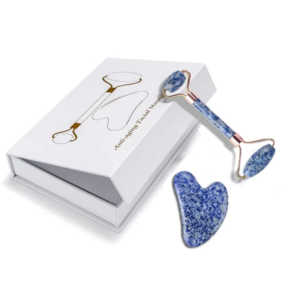 Natural Stone Blue White Gua Sha Jade Roller Set
