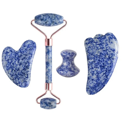 Natural Stone Blue White Gua Sha Jade Roller Set