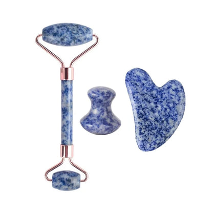 Natural Stone Blue White Gua Sha Jade Roller Set